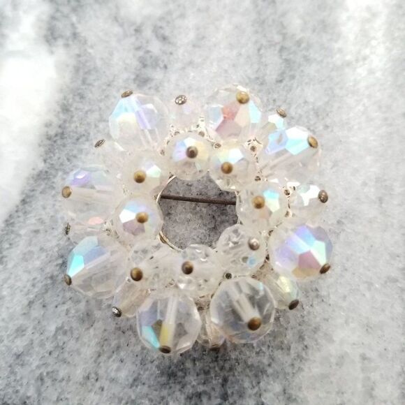 Vintage Beaded Cluster Wreath Circle Brooch, AB Crystal Clear Beads, Unsigned Es - Picture 1 of 5